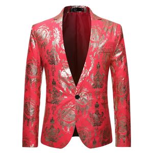 Kırmızı Çiçek Bronz Baskı Blazer Erkekler Marka Tek Düğmesi Tuxedo Blazer Ceket Erkekler Parti Düğün Prom Kostüm Homme 240313