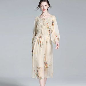 Högkvalitativ 100% True Silk Georgette Womens Dress Winter Autumn Elegant White Floral Women