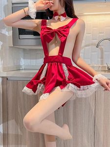 Abiti casual Abito sexy con bretelle Dolce e carino Collo con fiocco Romantico Stile audace Cameriera rossa Uniforme Seducente Lingerie Passione Piccolo scrigno W1VB