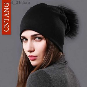 Hats Scarves Sets CNTANG Female Natural Raccoon Fur Bunny Hat Beanies Autumn Warm Solid Cs Womens Fashion Cotton Skull Thin HatC24319