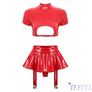 BHs Sets Frauen Unterwäsche Latex Ausschnitt Crop Top Minirock Weibliche Dessous Party Pole Dance Anzug Sexy Clubwear Nachtclub Karneval Set