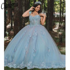 Sky Blue Flowers Lace Quinceanera Dress Ball Gown Off The Shoulder Corset Pageant Sweet 15 Party Vestidos De XV Anos
