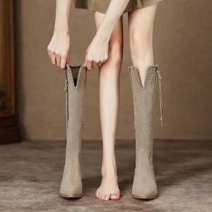 Boots skor för kvinna elegant med låga klackar kvinnors stövlar tofs långa skor vinter knä hög axel svart gotisk mode 2023 bagage