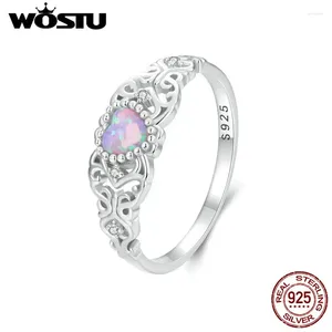 クラスターリングWostu Real 925 Sterling Silver Pink Opal Heart for Women Crown Style FlowerZircon Wedding Ring Fine Party Jewelry Gift
