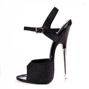 Sandaler Summer Peep Toe Bling Sexy Sky Ankle Buckle Strap For Women Metal Heels 16cm Glitter High Heel Dress Shoes