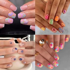 False Nails 24st Summer Short Square French Flower Full Cover Fake Löstagbara nagelips Tryck på Manicure