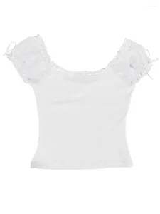 Women's T Shirts Women S Y2k Short Sleeve Lace Frill Shirt Scoop Neck Ribbed Knit Fairycore Top Vintage Basic Tight Blouse