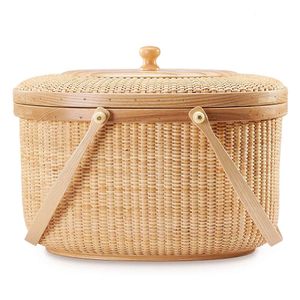 Teng Jin Nantucket Sykorgväska, containrar dubbla trähandtag. Kan-på-kantväv Cane Craft Basket, Lid Basket With Hands