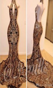 Nowe przybycie seksowne złote cekiny Sukienki wieczorowe 2019 Mermaid Formal imprezowa suknia na imprezę Vintage bez pleców