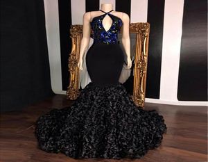 Long Kehole Neck Mermaid Prom Reflective Dresses 2022 Vneck Top Sequin Applique Flowers African Girl Black Satin Backless Evening9743128