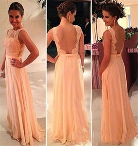 High quality Vintage nude back Bridesmaid Dress chiffon lace long peach color for cheap bridesmaid dress brides maid dress7348590