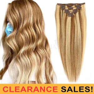 Extensions P6613 Balayage Brown Blonde Clip in Hair Extensions Real Human Hair Straight Full Head 7/8pcs Clip på hårförlängningar