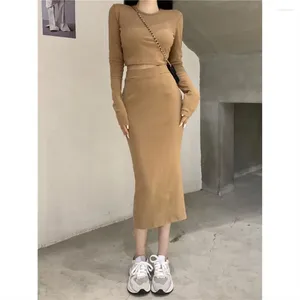 Work Dresses 2024 Fashion Women 2 Piece Set Autumn Winter Knitted Sweater Long Sleeve Crop Top Pencil Skirt Elegant Party Suit V793