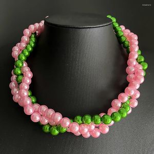 Correntes linda menina irmandade sociedade rosa verde pérola multi-camada colar torcido gargantilha