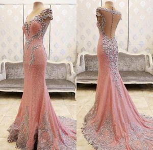 Bling bling elegant rosa långa sjöjungfru aftonklänningar kristallpärlor korta ärmar kvinnor kristallpärlor formell prom klänning3976968