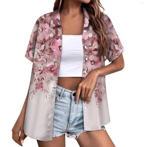 Camiseta feminina moda casual manga curta flor impressão botões lapela camisa blusa superior ropa mujer tallas grandes para mujeres 2024