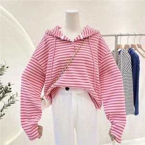 Kvinnors hoodies randiga huvtröja Sweatshirt Spring Autumn 2024 Fashion Preppy Style Retro Long Sleeve Top Loose Pullover Jacket