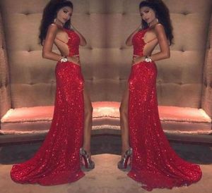 Glittering Mermaid Red Sequined Prom Dresse 2019 Deep VNeck Open Backless Party Dress Sexy Side Split Sweep Train Formal Evening 7433055