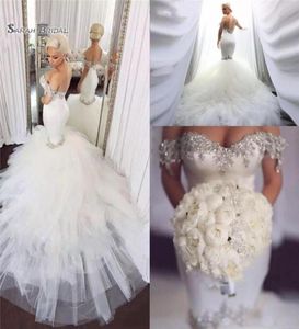Sparkly Elegant Mermaid Wedding Dresses Crystal Poad Tulle Puffy African Bridal Gowns Plus Size Vestidos de Novia2123933