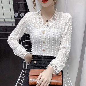 Women's T Shirts V-Neck Lace Patchwork Square Button Design Fairycore Style T-Shirts White Three-dimensional Clipping Transparent Slim