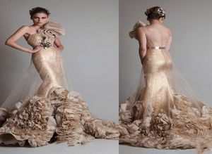 Luxurious Gold Mermaid Prom Dresses 2021 robes de soiree Beads Ruffles South African Evening Gowns Celebrity Dress Vestidos De Fes5844083