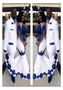 New White Satin Royal Blue Lace Aso Ebi Abiti da ballo africani Maniche lunghe Illusion Appliqued Sirena Abiti da sera formali7499114