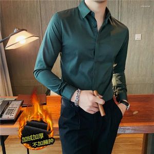 Men's Casual Shirts Winter Thick And Fleece Long Sleeve Shirt Solid Color Button-down Slim Dark Green