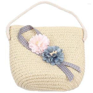 Totes Kid Girls Straw Bag Summer Boho Handväskor för Messenger Flower Crossbody Travel Beach Beige