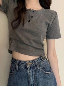 Women's T Shirts Women T-shirt Open Button Short Sleeve Crop Top Ladies Clothing 2024 Solid Basic Shirt Casual Skinny White Slim Female Tops