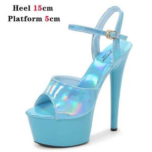 Dress Shoes 2023 New Laser Bright Patent Leather Sandals For Women Platform High Heels Stage Show 15 17 20CM Open Toe Stripper H240321DLA8