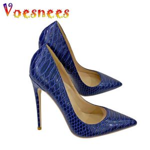 Модельные туфли, женские туфли со змеиным узором на высоких каблуках, синие туфли на шпильке с принтом, одинарная модель T-show 12 см, большой размер 45, женские туфли-лодочки с острым носком H240325
