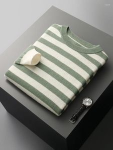 メンズセーターAddonee O-Neck Striped Pullover Seater Merino Wool Knitwearスマートカジュアルジャンパー春秋の衣装韓国トップ