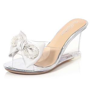 Dress Shoes New Silk Butterfly-knot Women Slippers Sexy Transparent High Heels 8CM Sandals Summer Slides String Bead Party Wedges Woman Shoe H240325