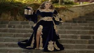 2022 Navy Blue Morocco Kaftan Formal Evening Dress with Detachable Skirt Two Pieces Long Sleeve Mermaid Velvet Prom Gown Arabic Pa6788569