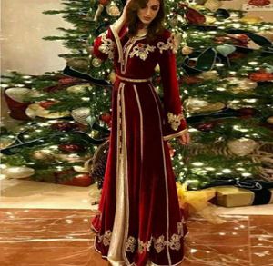 Burgundy Moroccan Caftan Velor Prom Dresss Long Sleeve Saudi Arabia Muslim Evening Goms Gold Appliques Lace Dubai Women Dress R8222505