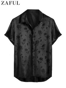 Satin Shirts for Men Jacquard Rose Printed Silky Short Sleeve Shirt Summer Streetwear Button Blouse Tops Z5022014 240227