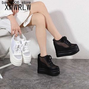 Casual Shoes XMWRW Breathable Mesh Womens Platform Shoes 2023 Summer High Heels 15cm Womens Sports Shoes Womens White and Black Shoes Summer Sports Shoes Q240320