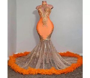 Black Girls Orange Mermaid Prom Dresses 2023 Satin Beading Sequined High Neck Feathers Luxury Kirt Evening Party Formella klänningar för 1746565