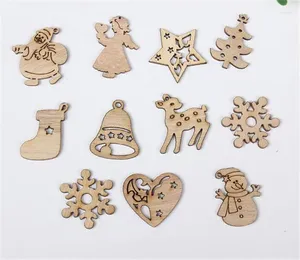 Christmas Decorations 30sets 50 Pcs Set DIY Natural Wooden Chip Tree Hanging Ornaments Pendant Kids Gifts Snowman Shape Xmas Orname