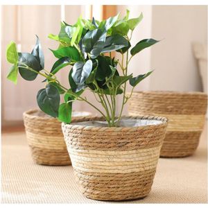 Nordic ins palha tecelagem flor planta cesta grama plantador interior ao ar livre jardim pote recipiente secreto para plantável bonsai decoração 240320