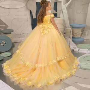 3D花のアップリケパールフラワーガールドレスバックレスシアーネックチュールリトルガールズページェントバースデー