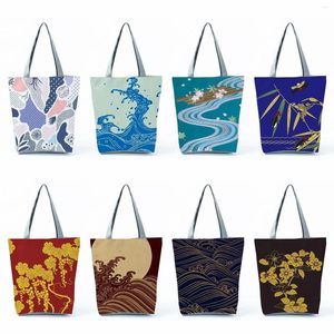 Borsa a tracolla con stampa floreale con coulisse Borsa da shopping casual femminile Borsa da spiaggia da viaggio ad alta capacità blu Borse in stile giapponese per donna