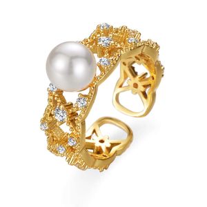 Gold-Plated Lace Hollowed Out Fairy Elegant Pearl Ring