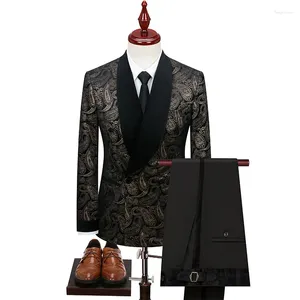 Herrdräkter Butik (Blazer Pants) Fashion Business Gentleman Casual Cashew Flower Lace-Up 2-Piece Set European Size XS-4XL