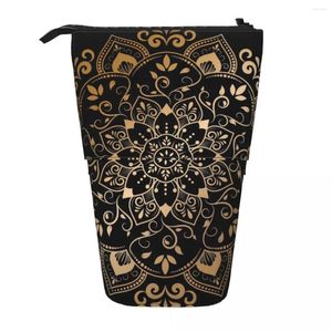 Borse per la scuola Borsa per penne con design mandala vintage in oro di lusso Borsa per studenti con cerniera Astuccio retrattile verticale