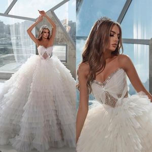 Romantic Ball Wedding Dresses Sweetheart Tulle Layered Tiered Beads Backless Zipper Lace Up Court Gown Custom Made Plus Size Vestidos De Novia
