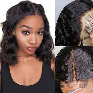 Menina bonita bob perucas onda do corpo peruca dianteira do laço perucas de cabelo humano para preto feminino brasileiro curto solto ondulado frontal cabelo natural