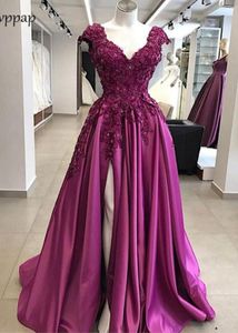 purple Elegant Long prom Dresses abendkleider v neck cap sleeves 2018 Sexy High Slit Beaded Applique flowers stain Formal Evening 1893183