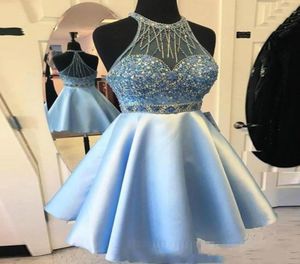 2019 Nowy przylot kryształowy z koralikami sukienka niebo niebieska tanie krótkie imprezowe suknia koktajlowa