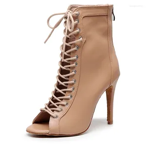 Scarpe da ballo Donna Stivaletti latini beige neri Stivaletti a spillo stringati con punta aperta per ragazze Stivali con tacco alto con suola in pelle scamosciata